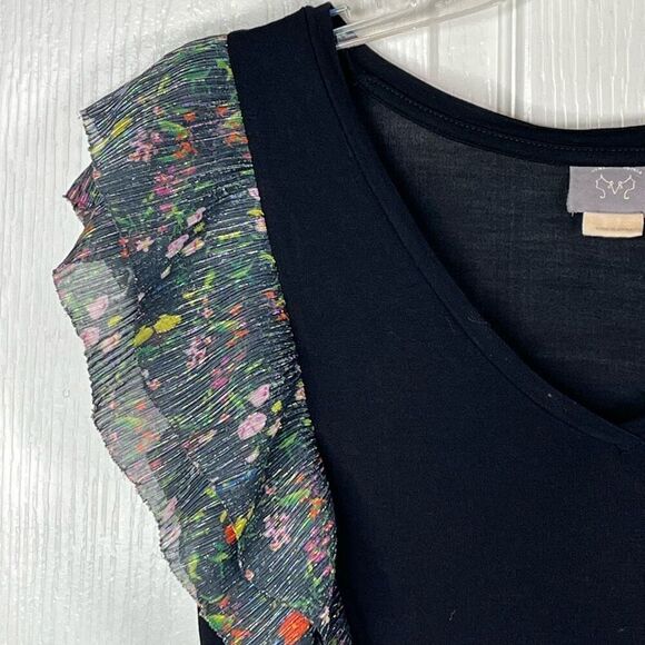 Anthropologie Vanessa Virginia Flutter Sleeve Top Sz XS Black Floral Ruffle - Picture 3 of 15